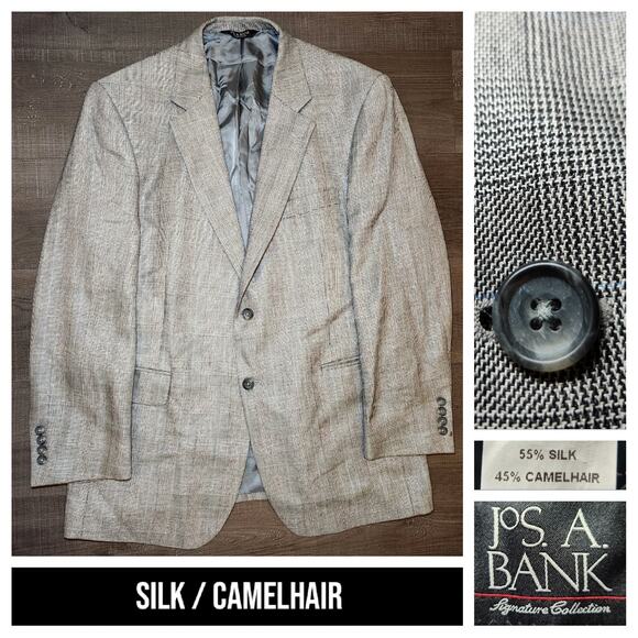 JOS A BANK Mens Sport Coat Blazer 43R Gray Silk Camelhair Hondstooth Check - Picture 1 of 16